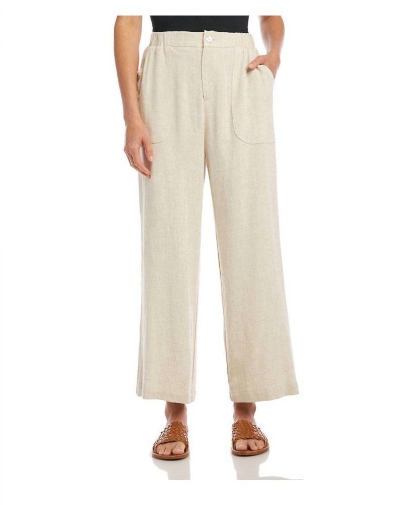 Front of a model wearing a size L (12-14) Cropped Wide-Leg Pants in Natural in Natural by Karen Kane. | dia_product_style_image_id:339067